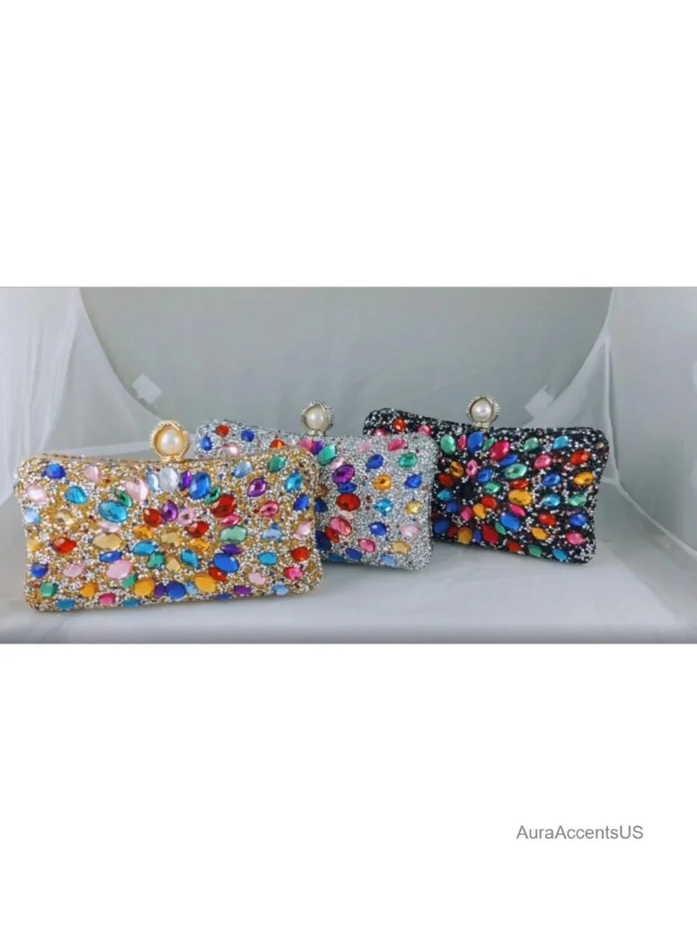 Crystal Clutch Evening Bag Rhinestone Wedding Purse Mini Pearl Clasp Satin